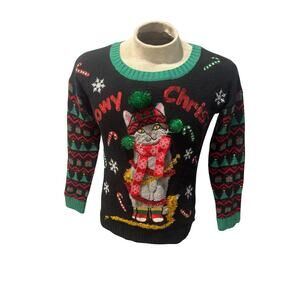 United States Sweaters Ugly Christmas Sweater Cat Meowy Pom Pom Tinsel M